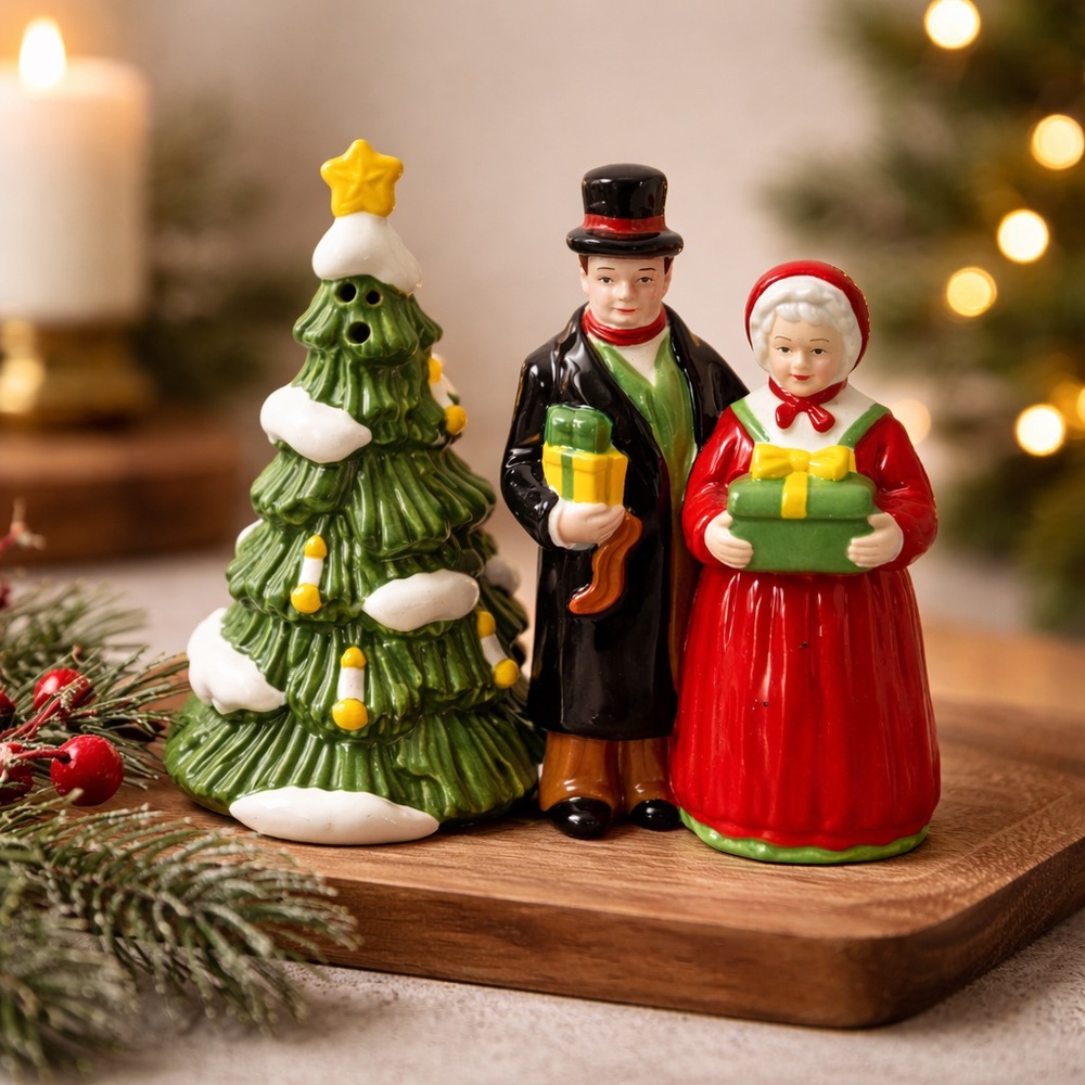 Festive Carolers and Christmas Tree salt, pepper, shakers Set - Red & Green